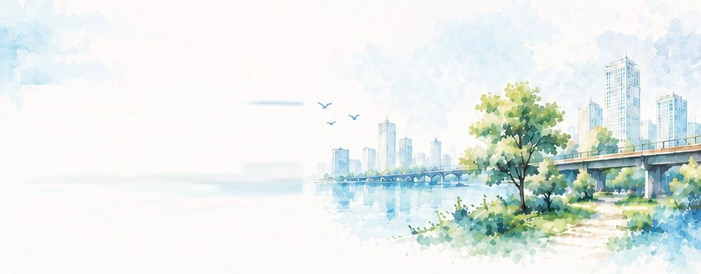 水彩風格河岸城市橫幅，右側有橋梁、綠樹及高樓，左側為淺色留白。