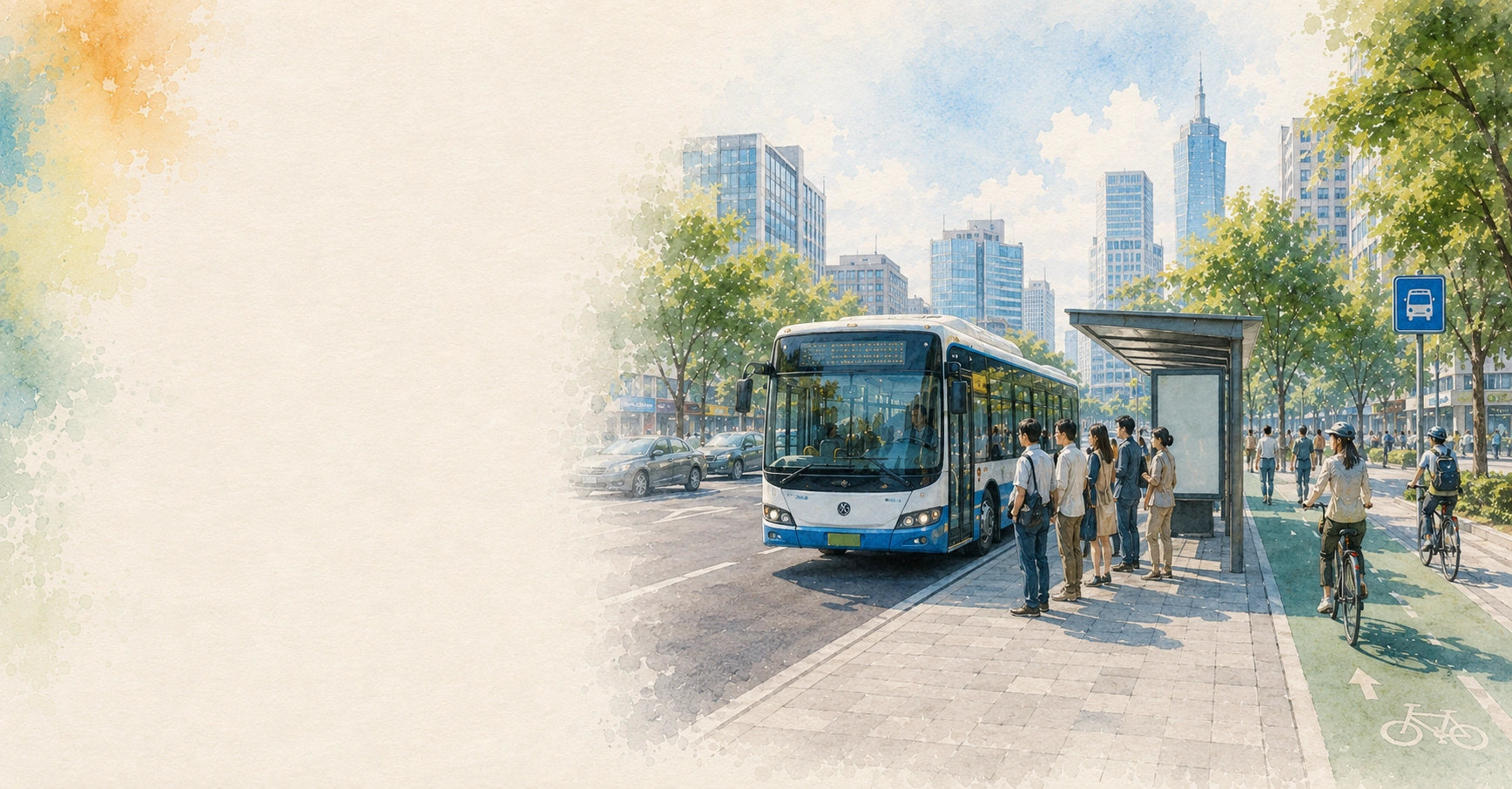 城市公車停靠站旁有候車乘客、自行車道與行人，遠方為高樓，左側為淡色水彩留白。