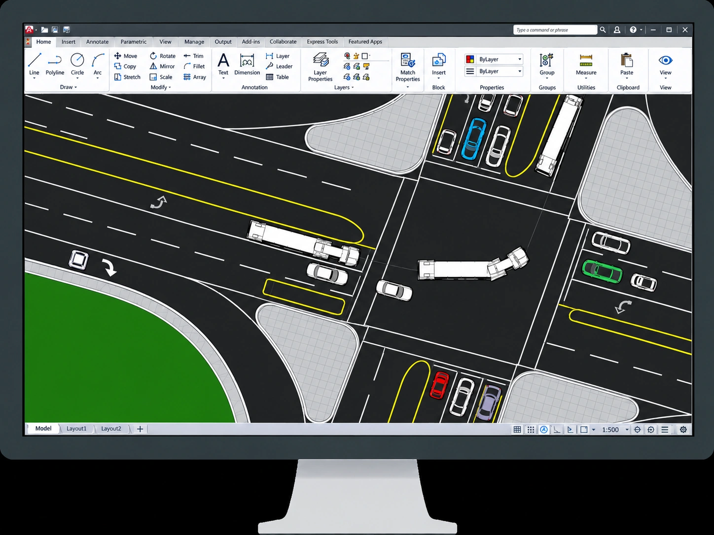AutoTURN 路口車行動線模擬示意圖，螢幕上呈現道路 CAD 圖、汽車、大型車與轉彎配置。