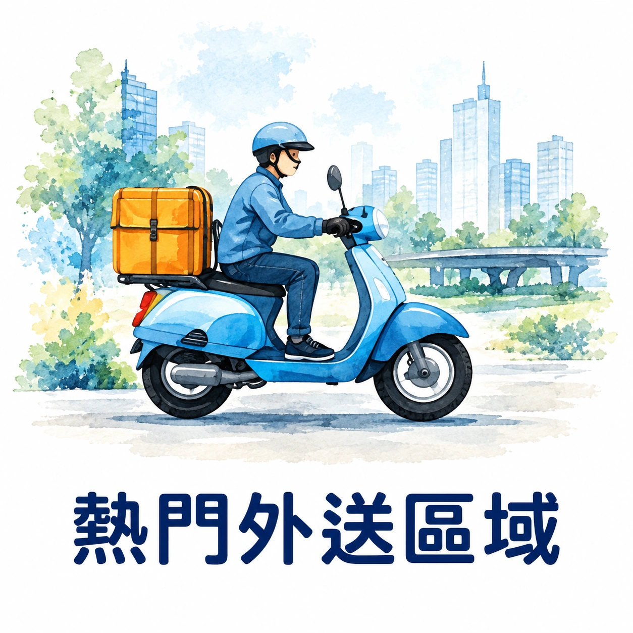熱門外送區域的水彩插圖，外送員騎乘機車並攜帶黃色配送箱。