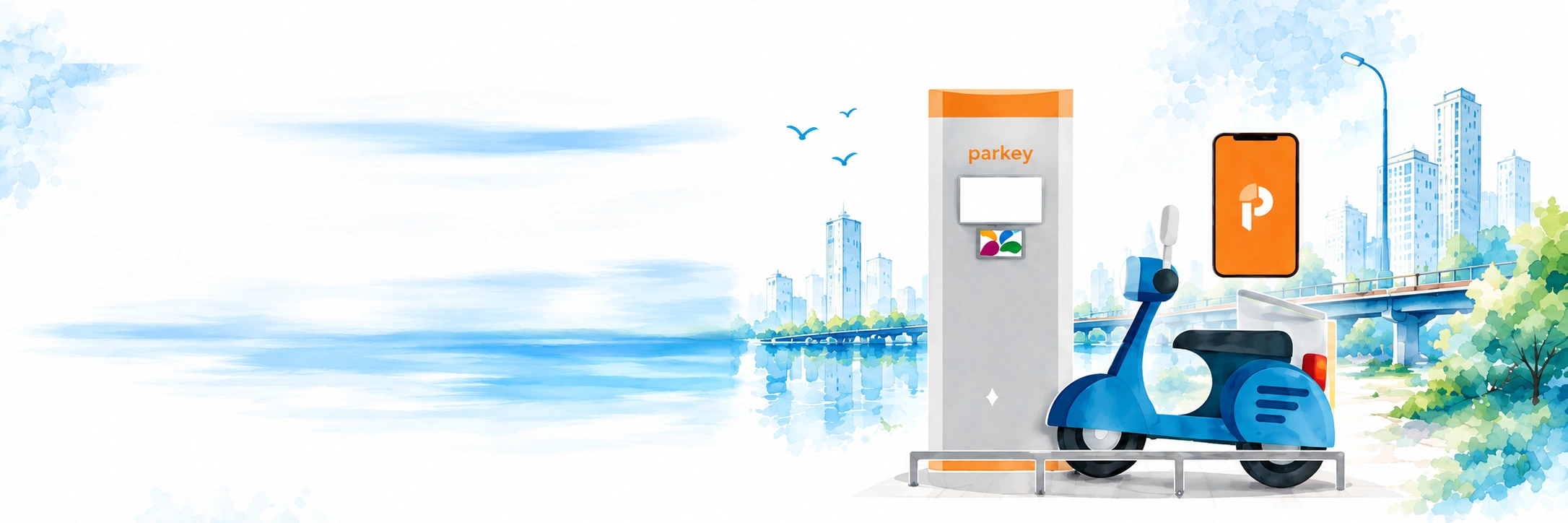 Parkey 產品橫幅，右側為智慧繳費機、手機與藍色機車插圖，背景搭配水彩城市及橋梁。