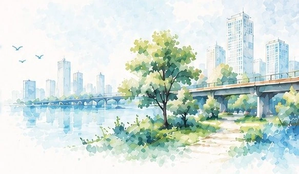 水彩風格河岸城市圖，橋梁跨越水面，近處為綠樹，遠方有高樓與飛鳥。