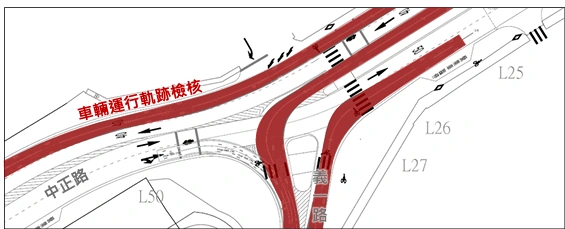 基隆市中正路與豐稔街路口設計圖，紅色帶狀區域呈現大型車輛轉彎行駛軌跡檢核。
