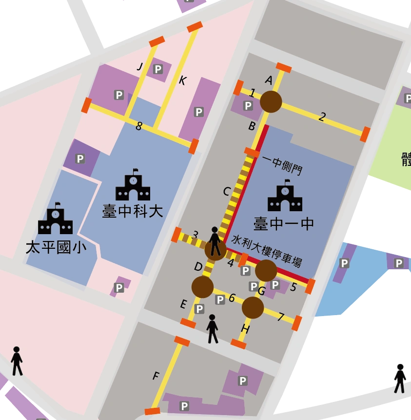一中商圈周邊步行討論圖,標示臺中科技大學、臺中一中、太平國小、停車場與行人路徑。