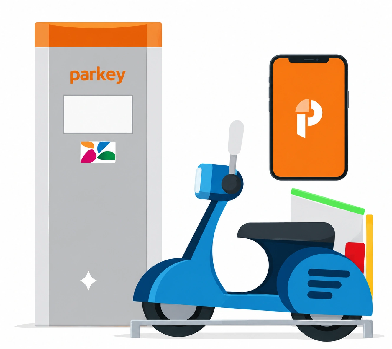Parkey 智慧停車概覽插圖，包含橘色繳費機、手機應用程式與停放在機車架上的藍色機車。