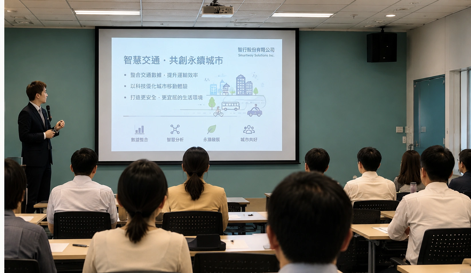 講者在教室內以投影簡報授課，學員坐在桌前聆聽智慧交通與城市議題。