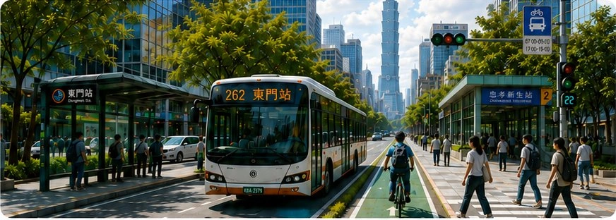 城市公車行駛於站牌旁，前方有自行車騎士與穿越路口的行人，兩側為樹木及高樓。