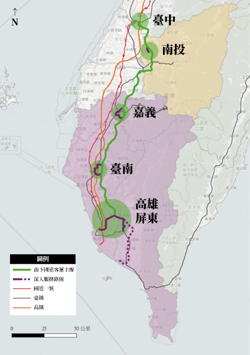 南投往南部國道客運規劃地圖，呈現臺中、南投、嘉義、臺南、高雄及屏東的運輸主線與深入服務路線。
