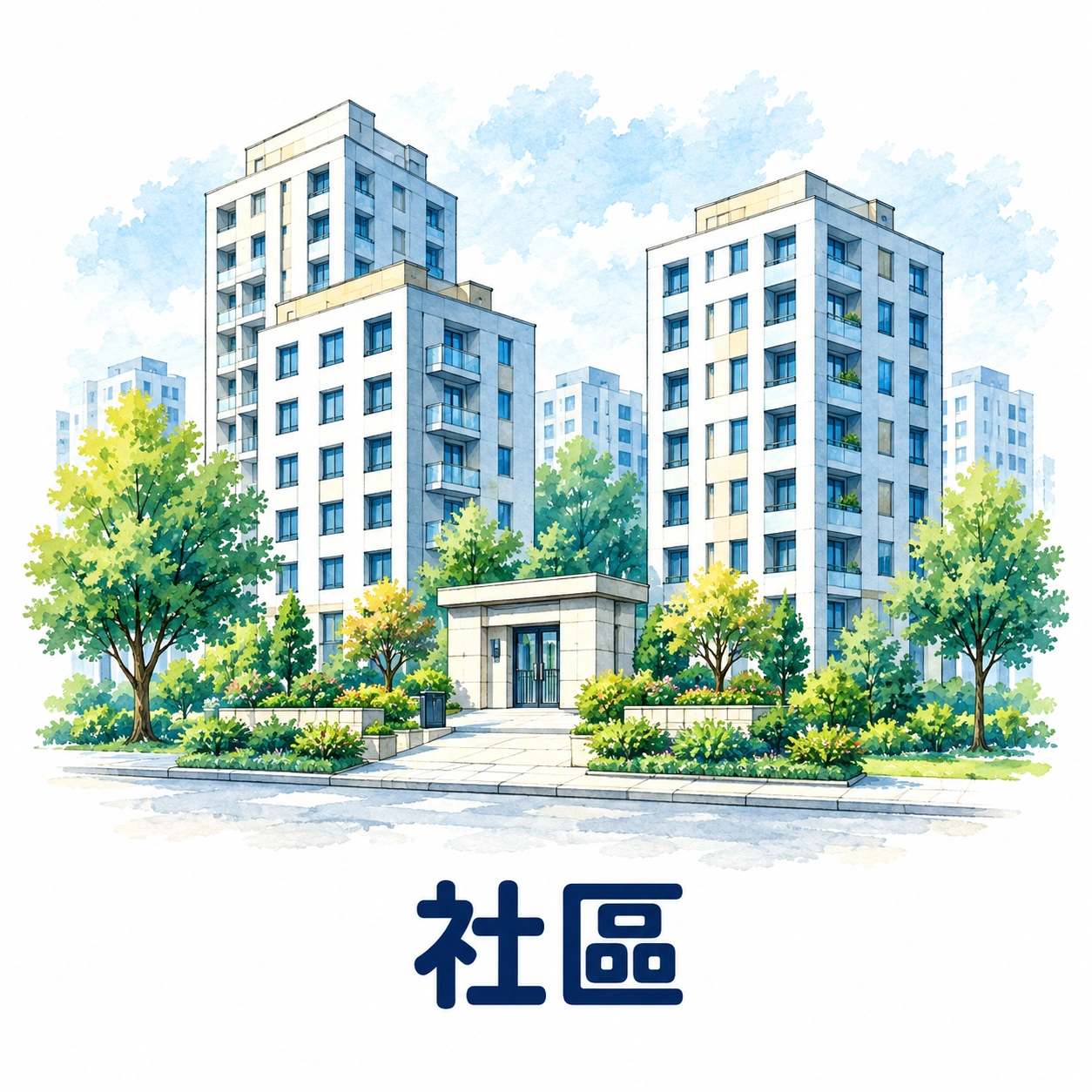 社區場域的水彩插圖，多棟集合住宅周邊有樹木與綠地。