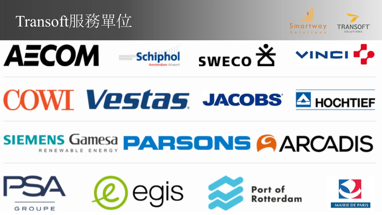 Transoft 服務單位簡報，排列 AECOM、SW ECO、VINCI、COWI、JACOBS、PARSONS 與 ARCADIS 等機構標誌。