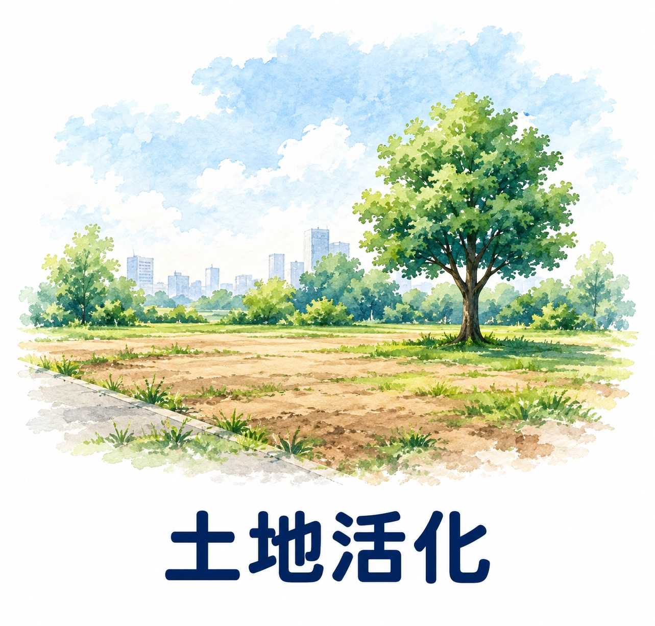 土地活化的水彩插圖，空地上有綠樹，遠方為淡色城市建築。