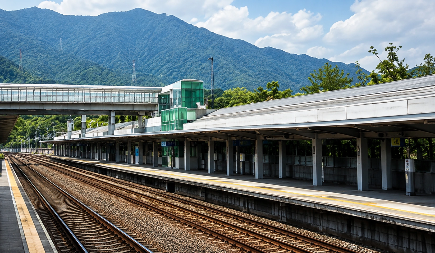 山巒前的鐵路車站與月台，鐵軌向遠處延伸，站體旁有綠色設施。