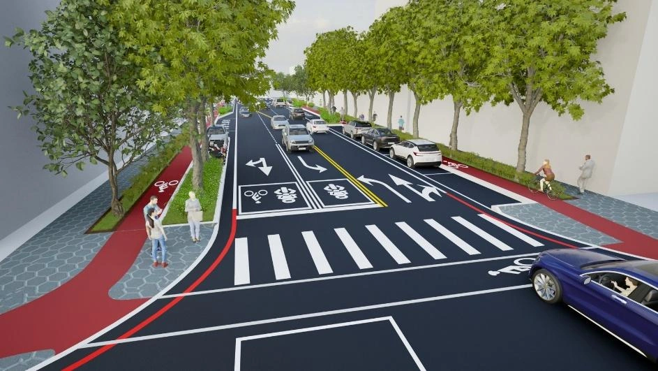 向上路人行環境與車道配置模擬圖，包含綠樹、人行道、紅色鋪面、斑馬線、自行車標誌及車輛。
