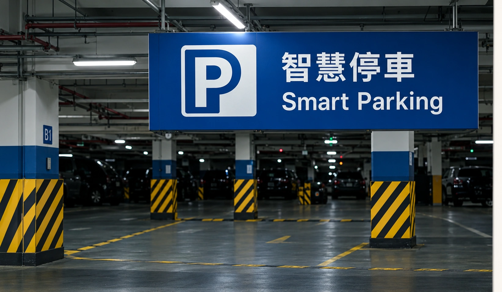 室內停車場入口懸掛藍色智慧停車 Smart Parking 指示牌，下方可見汽車與黃黑警示柱。