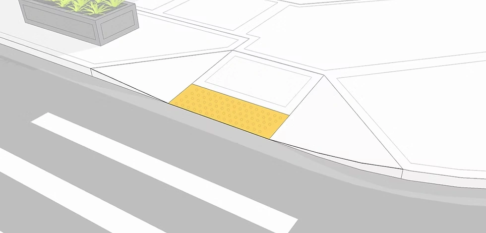 AQCESSRAMP 無障礙路緣坡道設計示意，以立體模型呈現人行道斜坡、黃色觸覺警示鋪面及斑馬線。