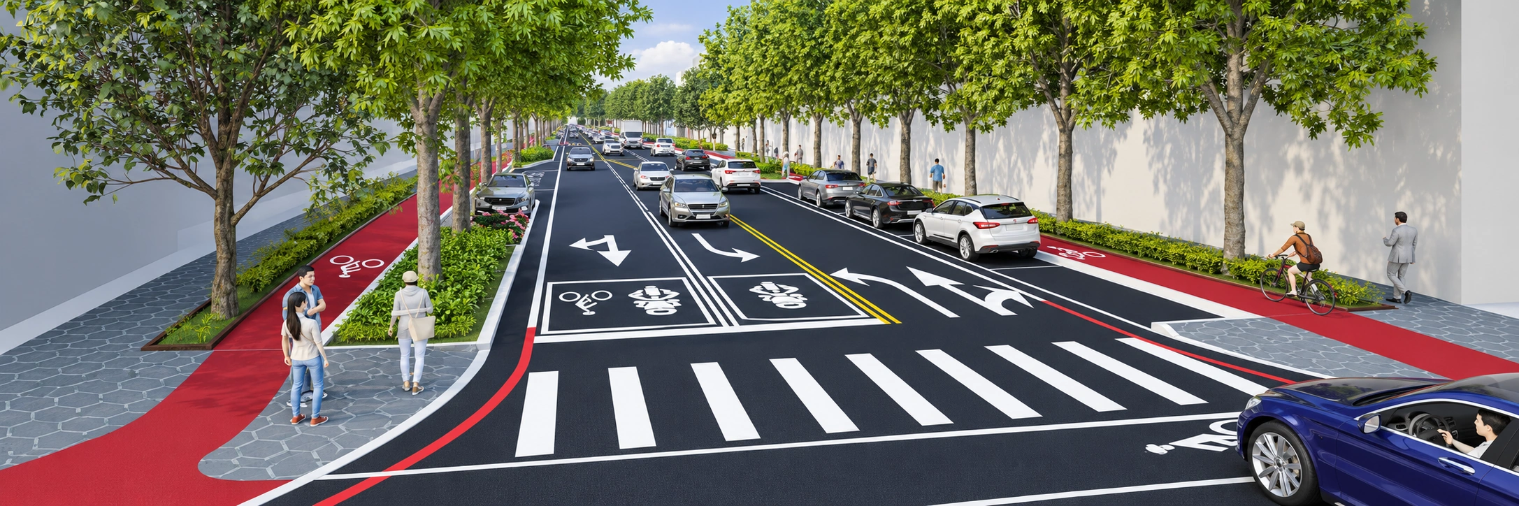 人本環境調查系統的道路規劃主視覺，呈現行道樹、人行空間、斑馬線、自行車標誌與車道；為規劃情境圖。