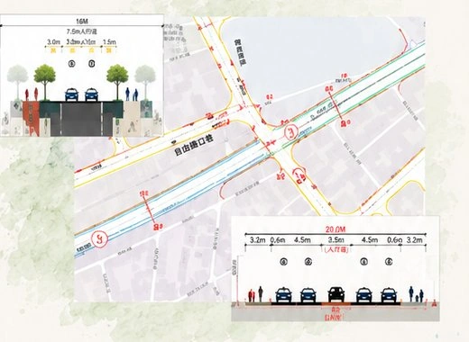 道路配置規劃圖，中央為道路平面圖，兩側附行道樹、人行道與車道的橫斷面圖。