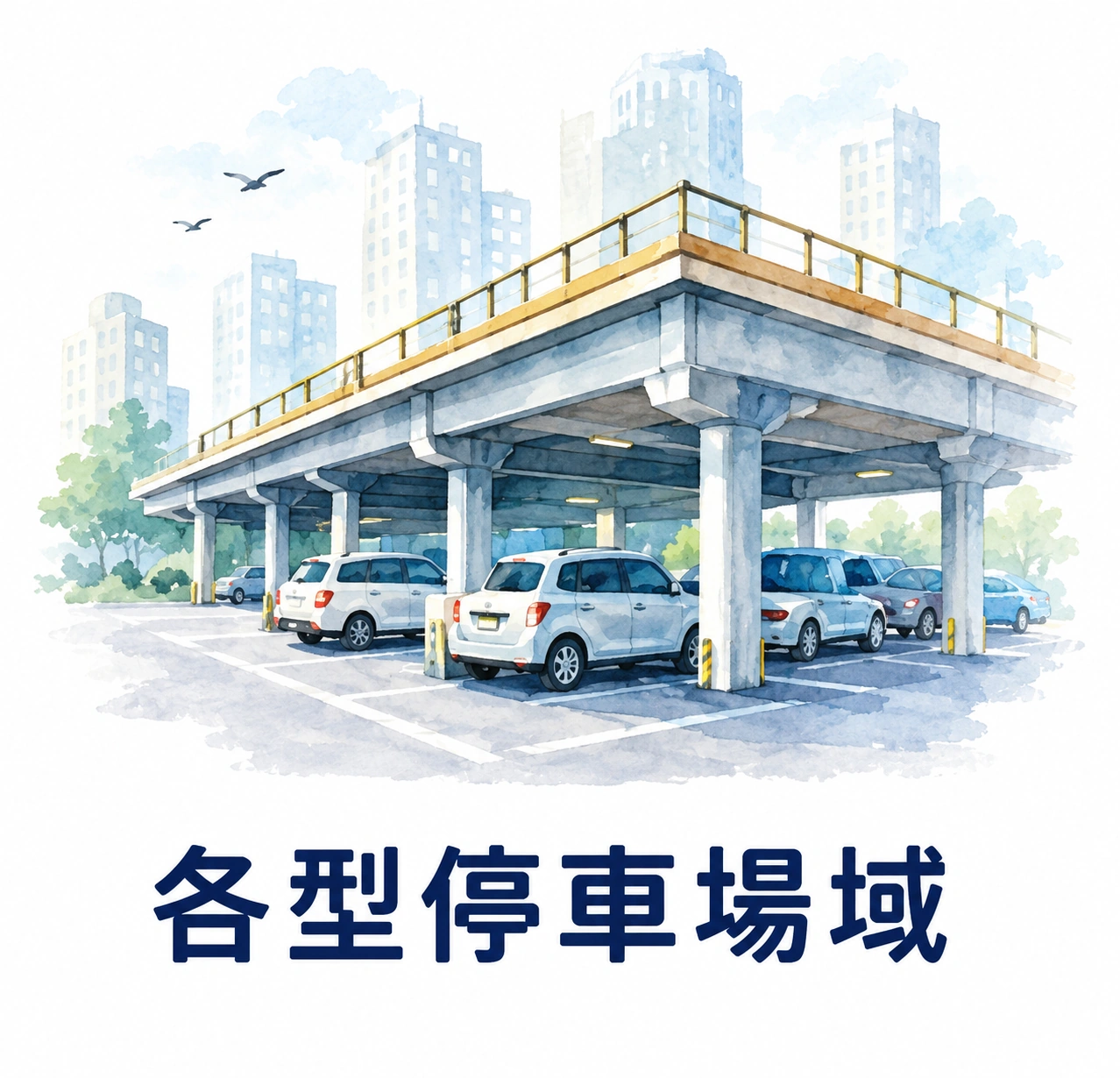 各型停車場域的水彩插圖，雙層停車設施內可見多輛汽車。